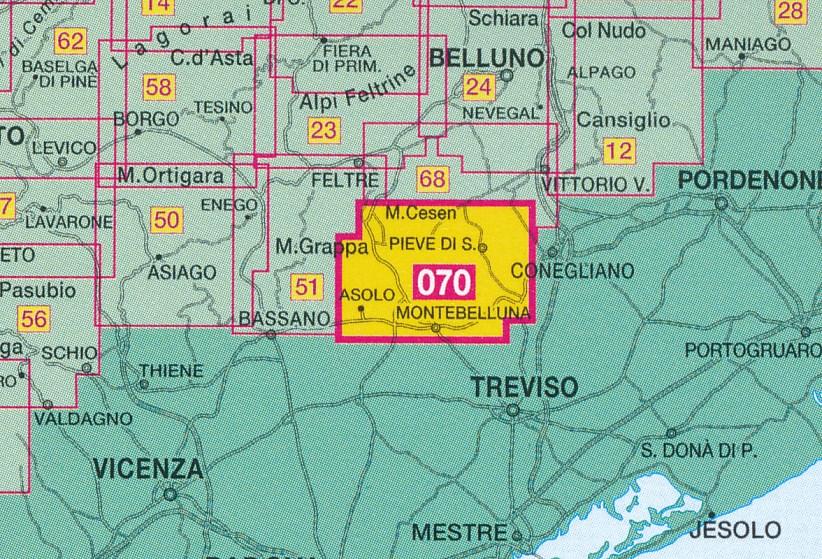 Carte de randonnée n° 70 - Il Montello, Colli Asolani, Montebelluna, Valdobbiadene | Tabacco carte de randonnée Tabacco