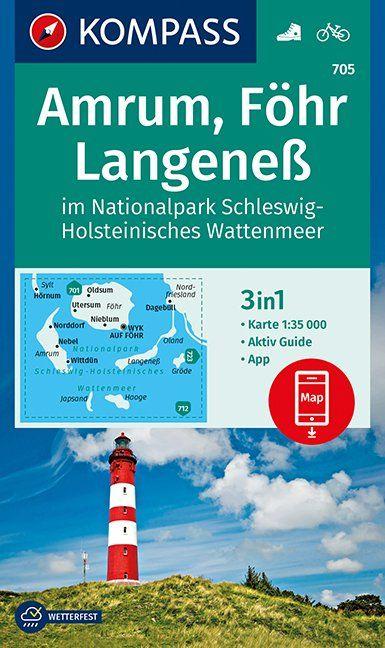 Carte de randonnée n° 705 - Amrum, Föhr, Langeneß im NP, Schleswig-Holsteinisches Watten (Allemagne) | Kompass carte pliée Kompass 