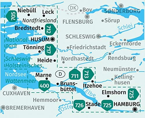 Carte de randonnée n° 723 - Côte de la mer du Nord, de Hambourg au Danemark (Allemagne) | Kompass carte pliée Kompass 
