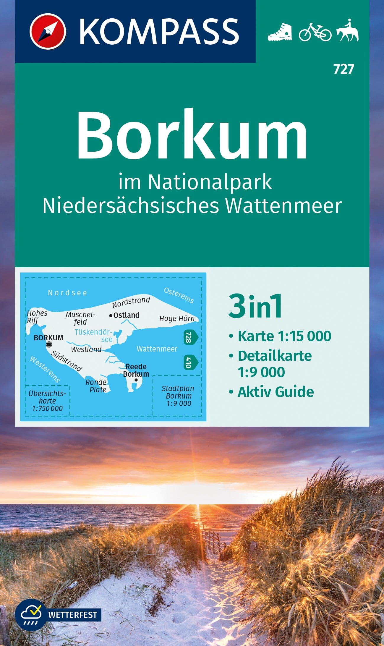 Carte de randonnée n° 727 - Borkum im Nat.Park Niedersächsisches Wattenmeer+ Aktiv Guide (Allemagne) | Kompass carte de randonnée Kompass