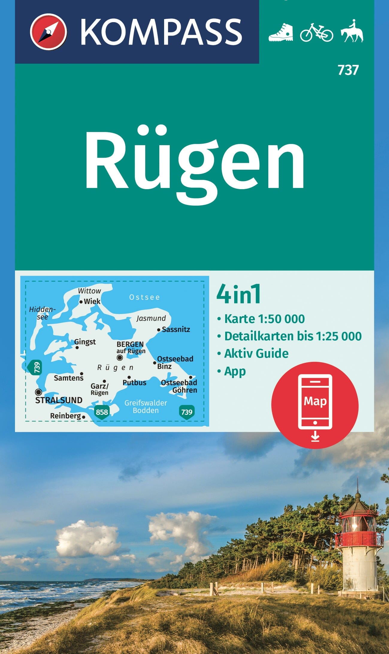 Carte de randonnée n° 737 - Rügen + Aktiv Guide (Allemagne) | Kompass carte de randonnée Kompass