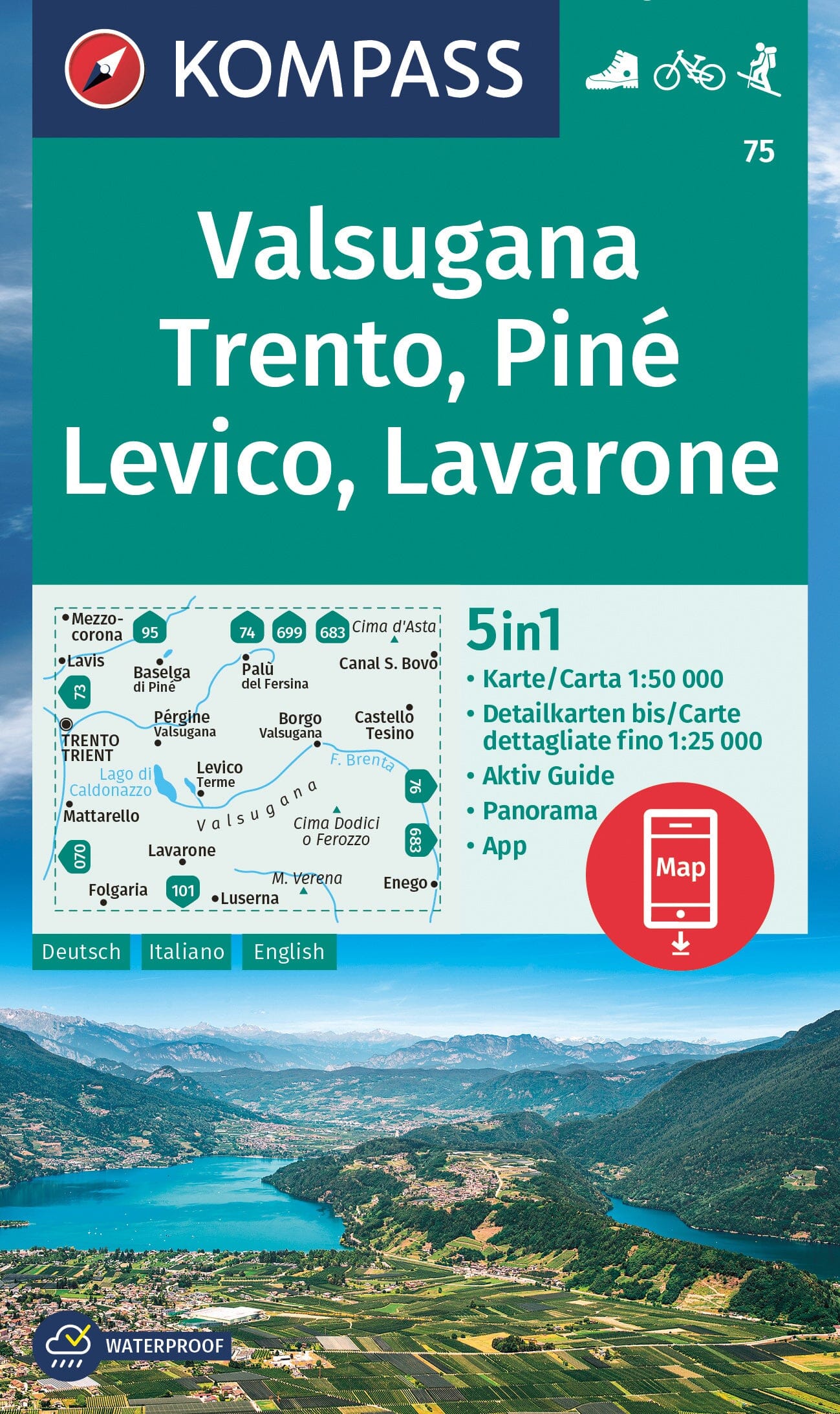 Carte de randonnée n° 75 - Valsugana, Trento, Piné, Levico, Lavarone + Aktiv Guide (Italie) | Kompass carte de randonnée Kompass