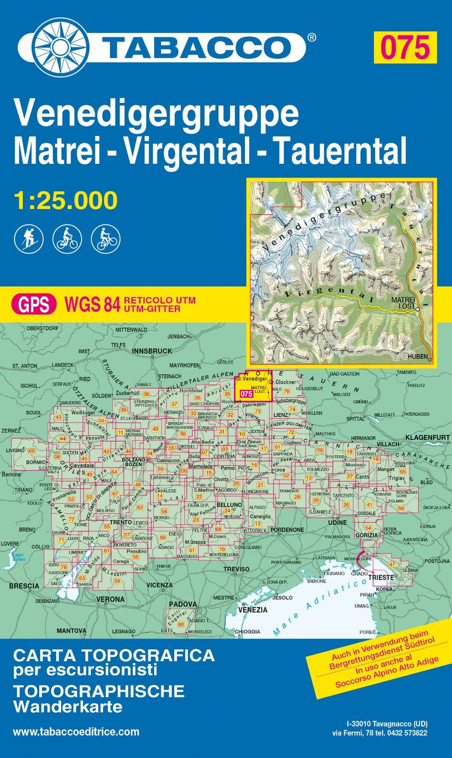 Carte de randonnée n° 75 - Venedigergruppe, Matrei, Virgental, Tauerntal | Tabacco carte pliée Tabacco 