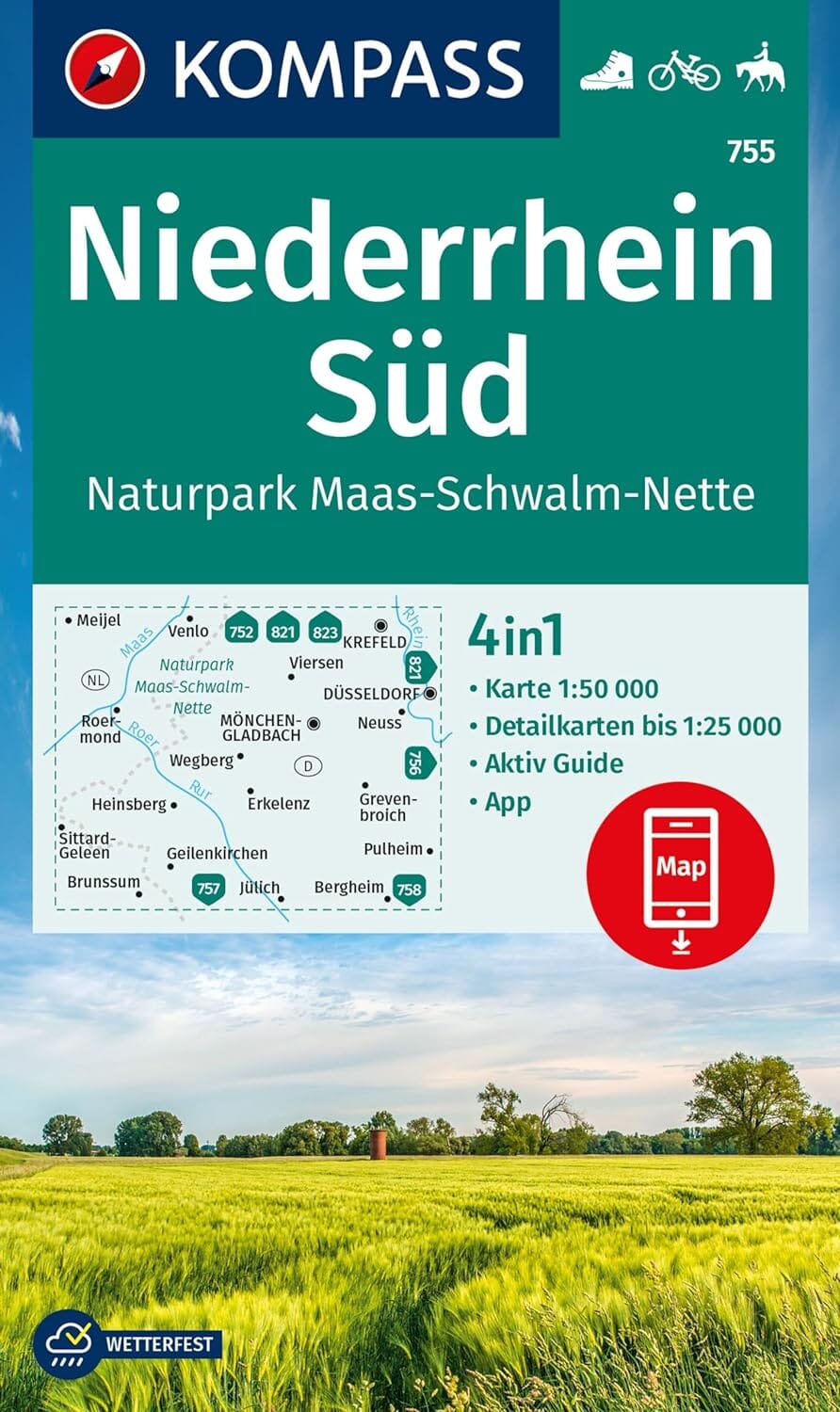 Carte de randonnée n° 755 - Niederhein Sud, Parc naturel de Maas-Schwalm-Nette (Allemagne) | Kompass carte de randonnée Kompass
