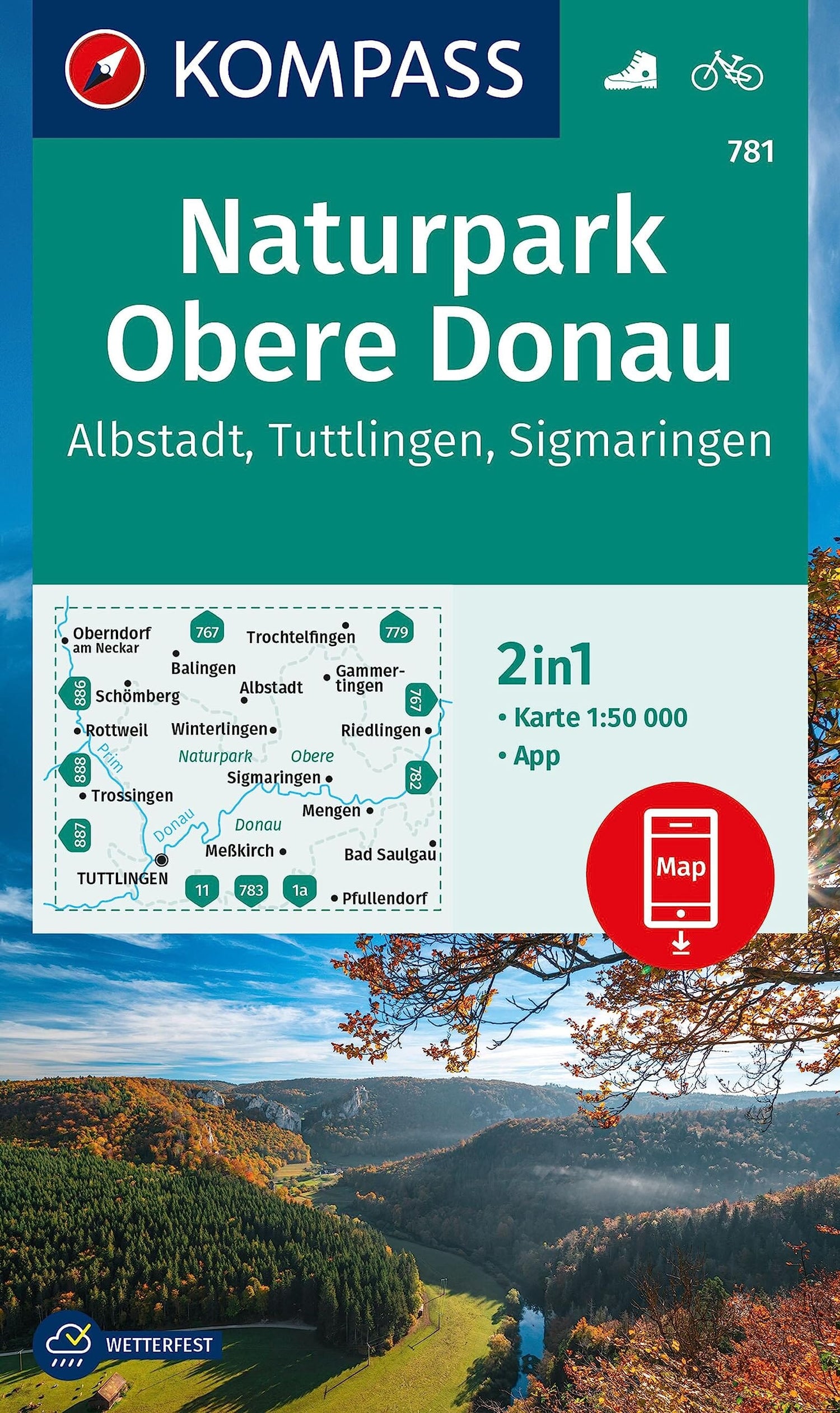 Carte de randonnée n° 781 - Obere Donau NP, Albstadt, Tuttlingen, Sigmaringen (Allemagne) | Kompass carte de randonnée Kompass