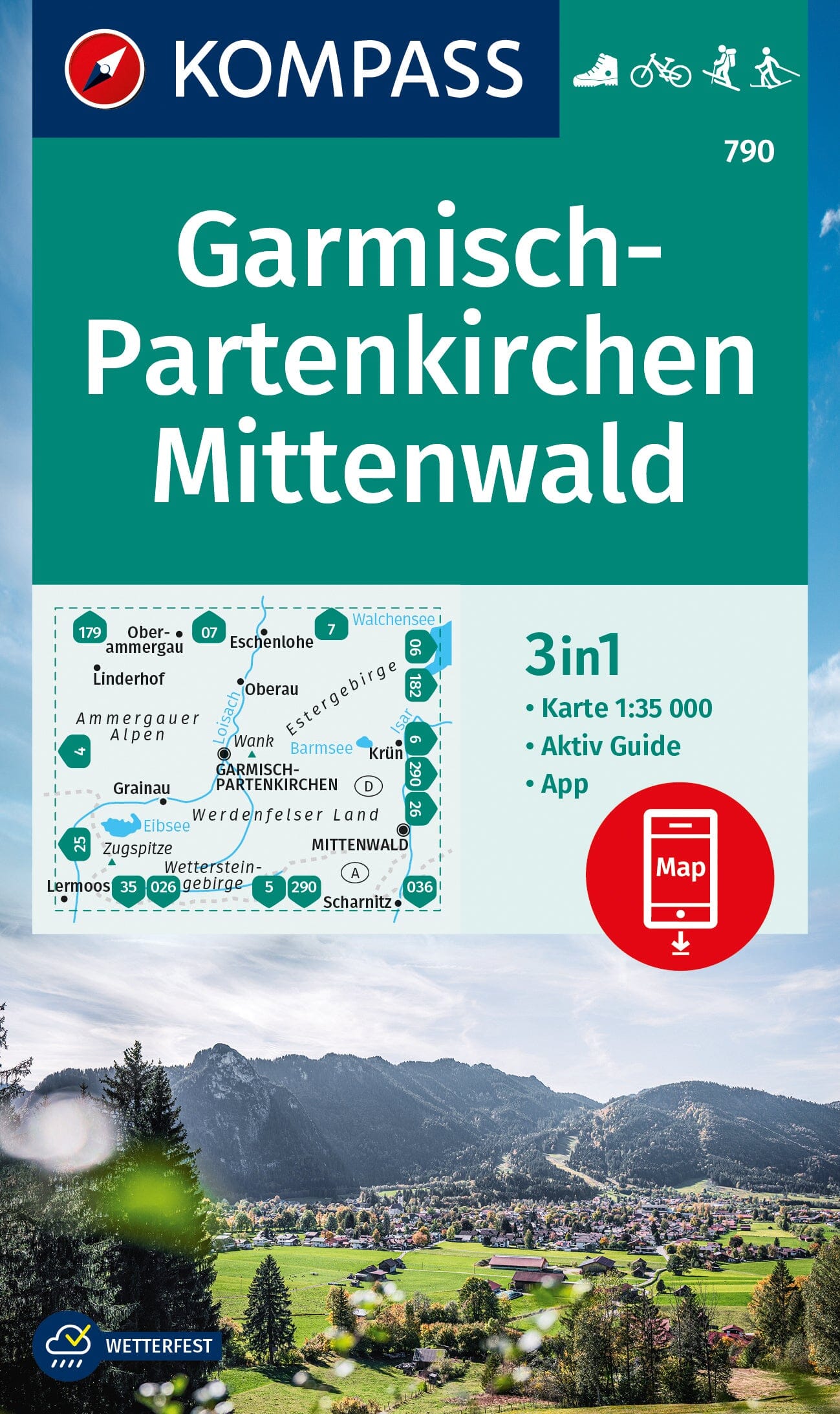 Carte de randonnée n° 790 - Garmisch-Partenkirchen, Mittenwald + Guide (Allemagne) | Kompass carte de randonnée Kompass