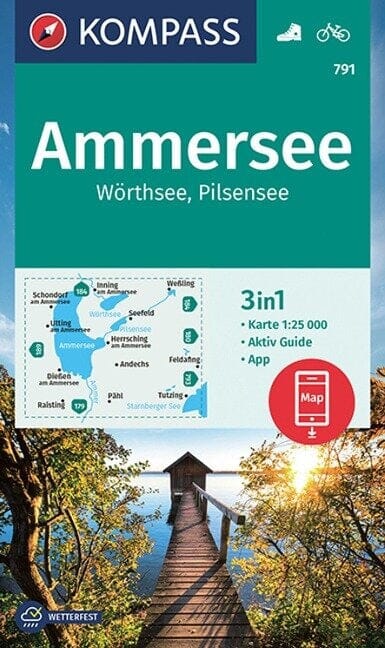 Carte de randonnée n° 791 - Ammersee, Wörthsee, Pilsensee + Aktiv Guide (Allemagne) | Kompass carte de randonnée Kompass