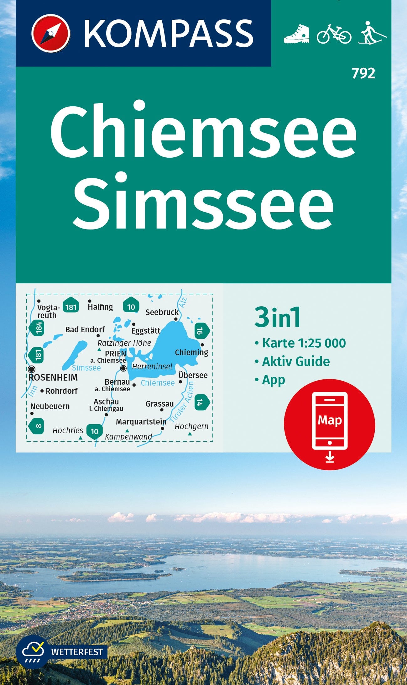 Carte de randonnée n° 792 - Chiemsee, Simssee + Aktiv Guide (Allemagne) | Kompass carte de randonnée Kompass