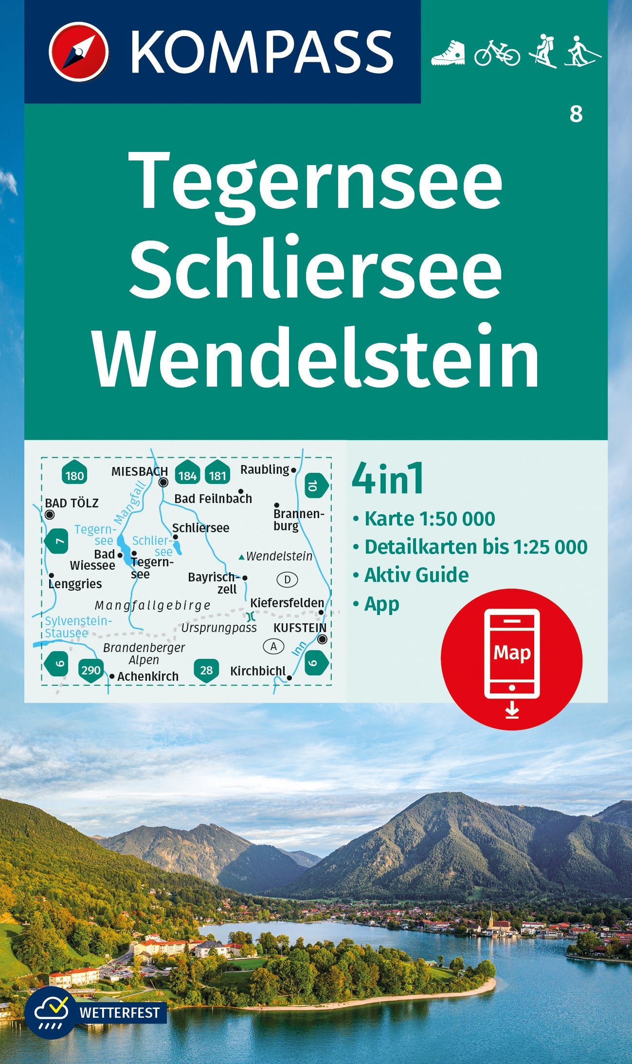 Carte de randonnée n° 8 - Tegernsee, Schliersee, Wendelstein + Aktiv Guide (Allemagne) | Kompass carte de randonnée Kompass