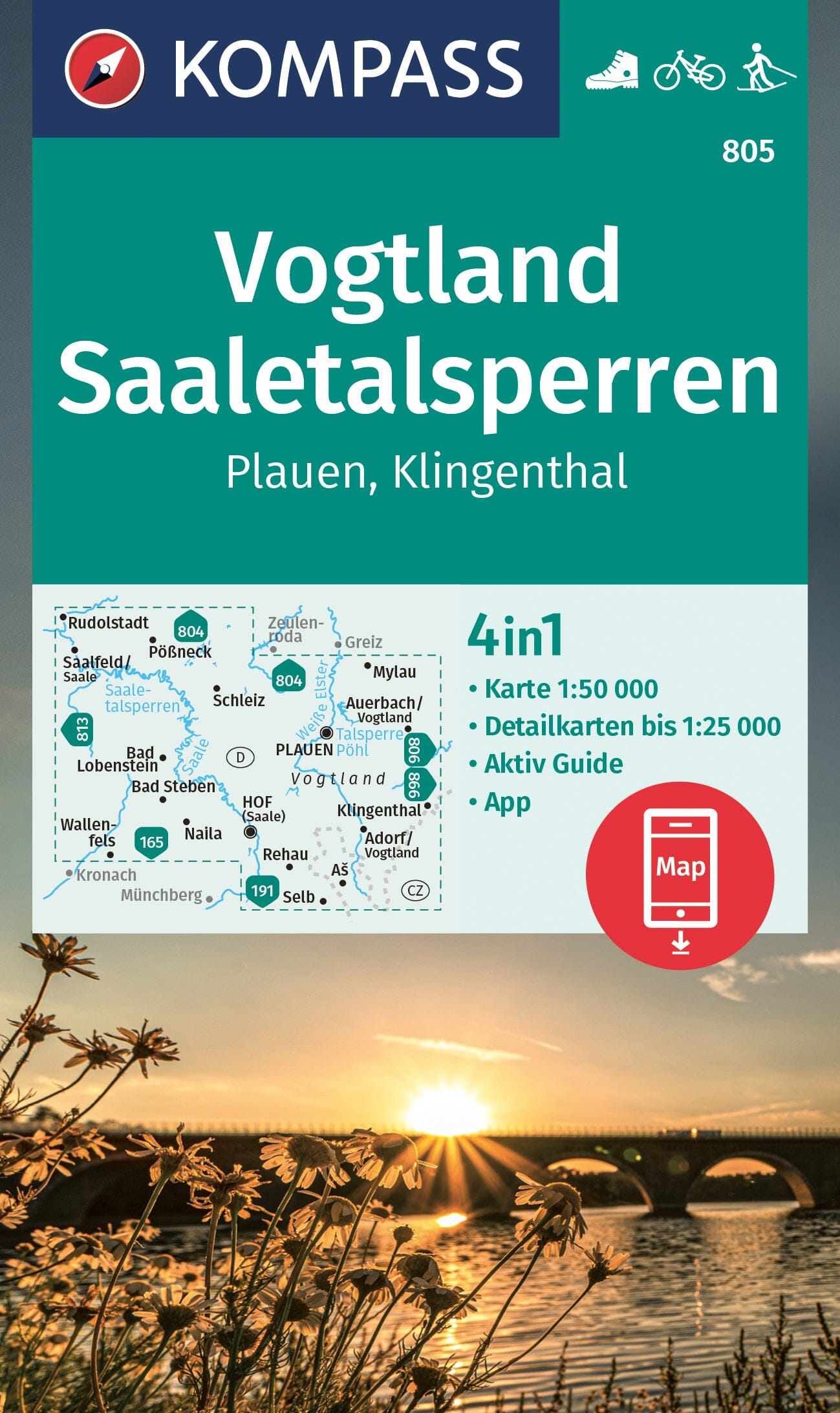 Carte de randonnée n° 805 - Vogtland, Saaletalsperren + Aktiv Guide (Allemagne) | Kompass carte de randonnée Kompass