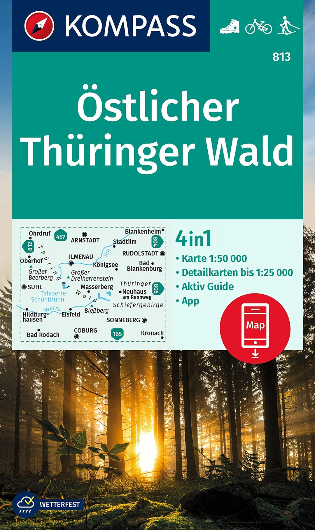Carte de randonnée n° 813 - Forêt de Thuringe Est + Guide (Allemagne) | Kompass carte pliée Kompass 