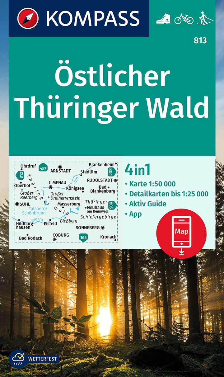 Carte de randonnée n° 813 - Forêt de Thuringe Est + Guide (Allemagne) | Kompass carte pliée Kompass 