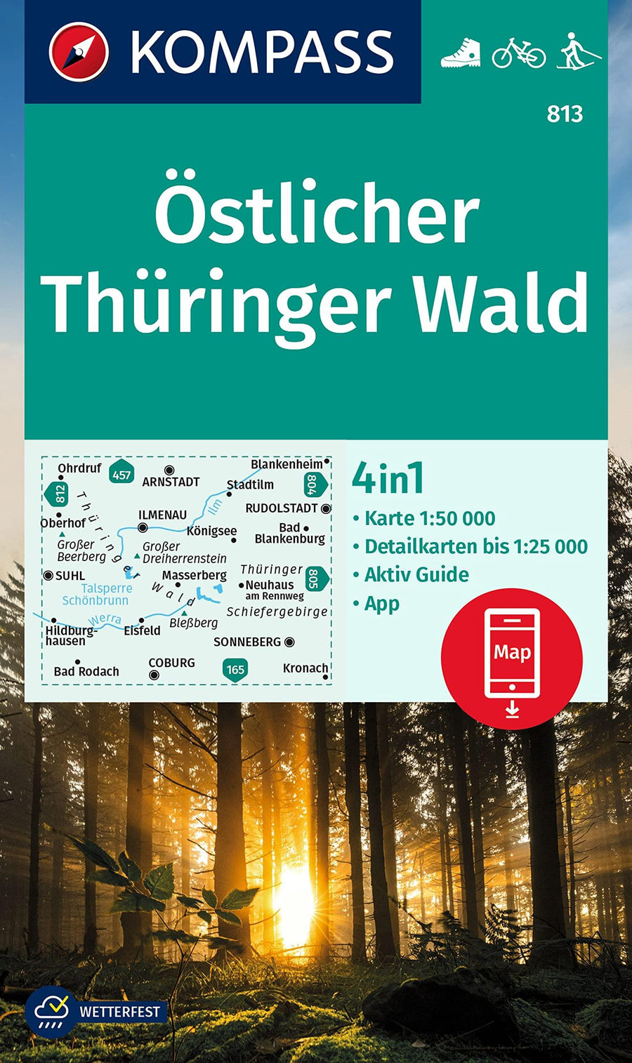 Carte de randonnée n° 813 - Forêt de Thuringe Est + Guide (Allemagne) | Kompass carte pliée Kompass 
