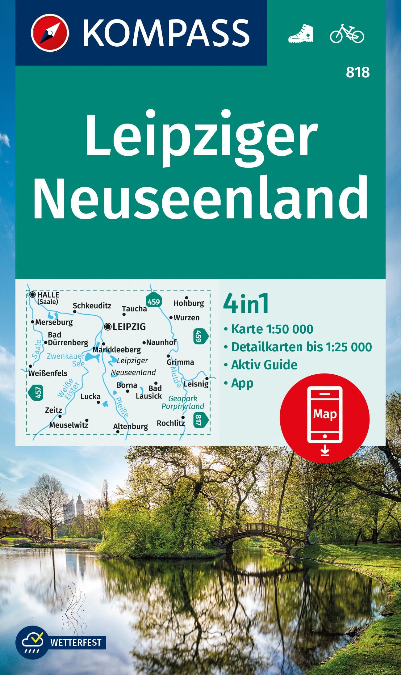 Carte de randonnée n° 818 - Leipziger Neuseenland + Aktiv Guide (Allemagne) | Kompass carte de randonnée Kompass