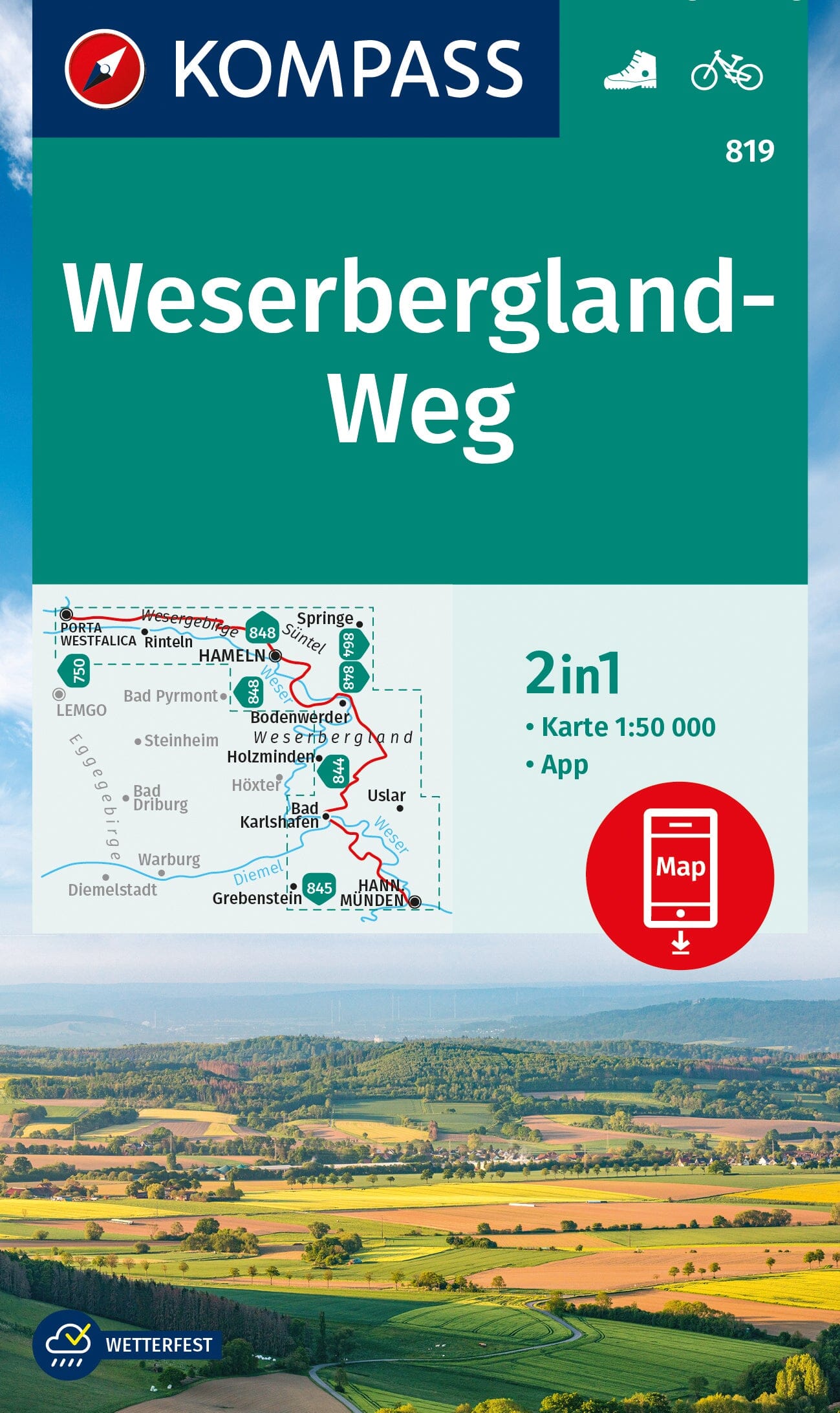 Carte de randonnée n° 819 - Weserbergland Weg (Allemagne) | Kompass carte de randonnée Kompass