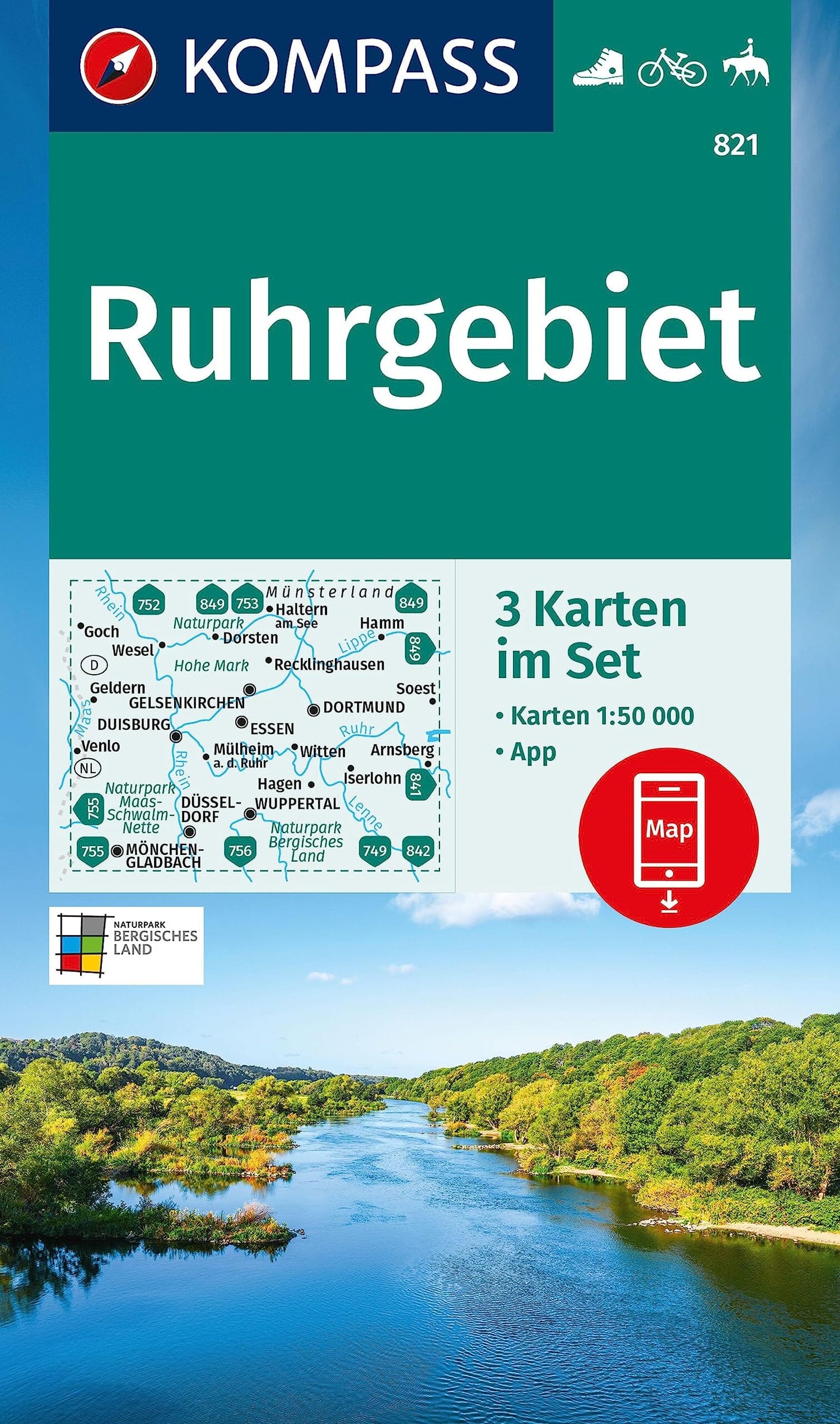 Carte de randonnée n° 821 - Ruhrgebiet 3-set (Allemagne) | Kompass carte de randonnée Kompass