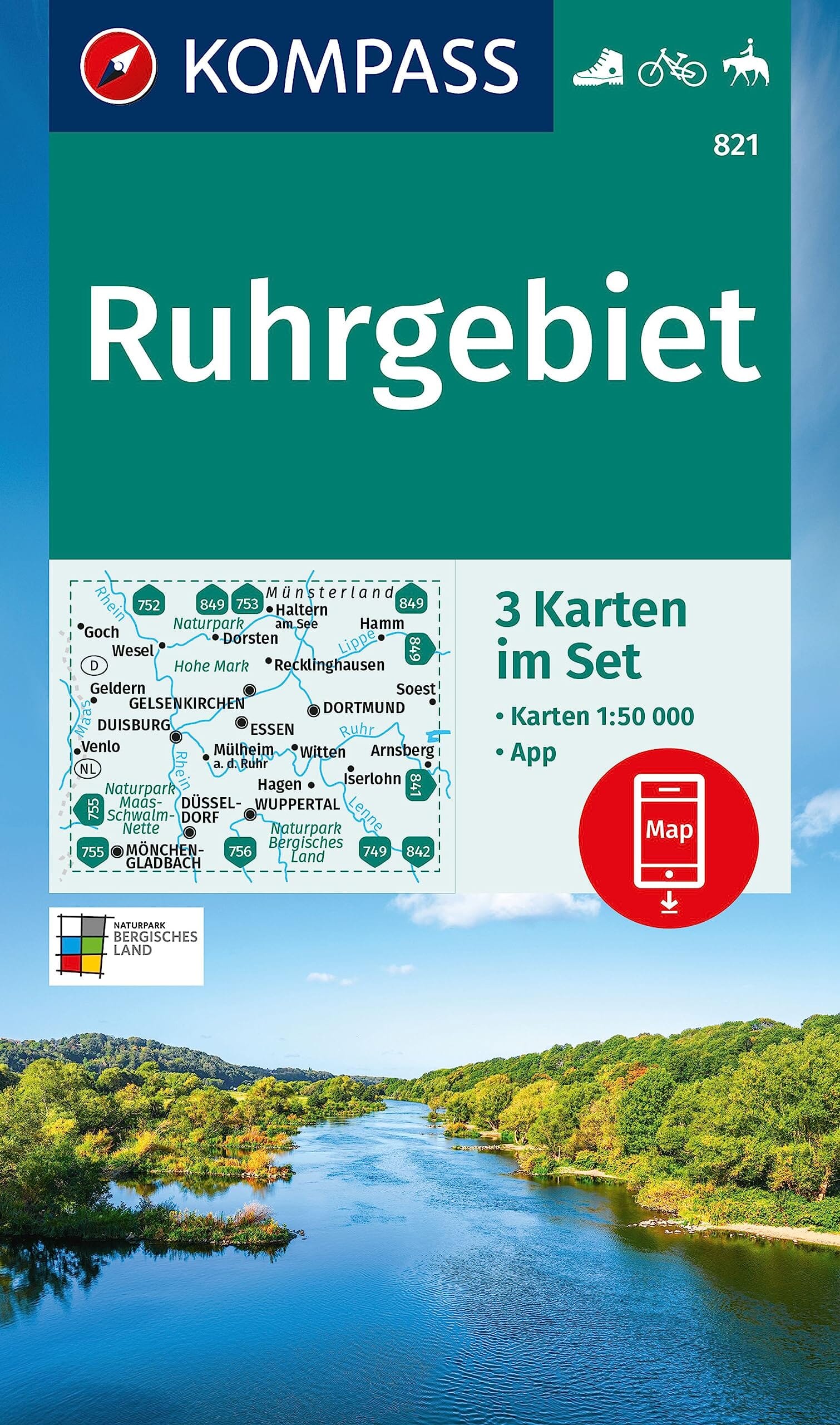 Carte de randonnée n° 821 - Ruhrgebiet 3-set (Allemagne) | Kompass carte de randonnée Kompass