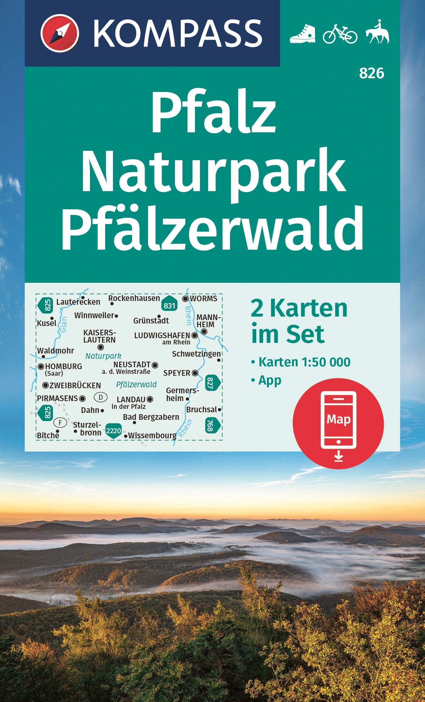 Carte de randonnée n° 826 - Pfalz Naturalpark, Pfälzerwald (Allemagne) | Kompass carte de randonnée Kompass