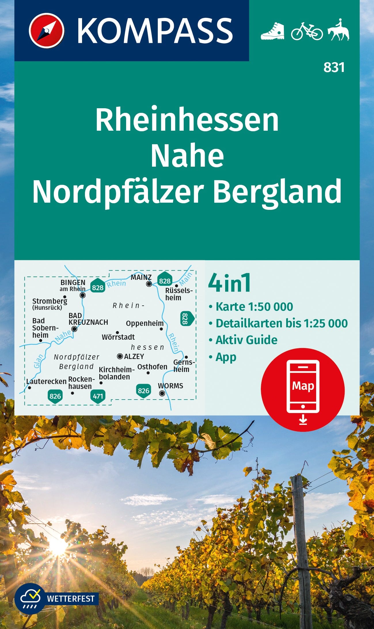 Carte de randonnée n° 831 - Rheinhessen, Nahe, Nordpfälzer Bergland +Aktiv Guide (Allemagne) | Kompass carte de randonnée Kompass