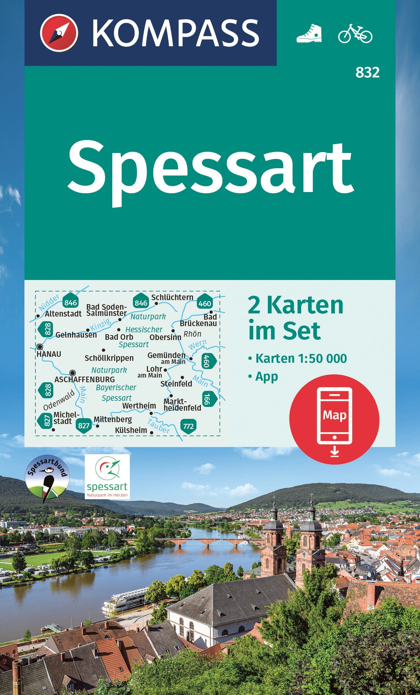 Carte de randonnée n° 832 - Spessart 2-set + Aktiv Guide (Allemagne) | Kompass carte de randonnée Kompass