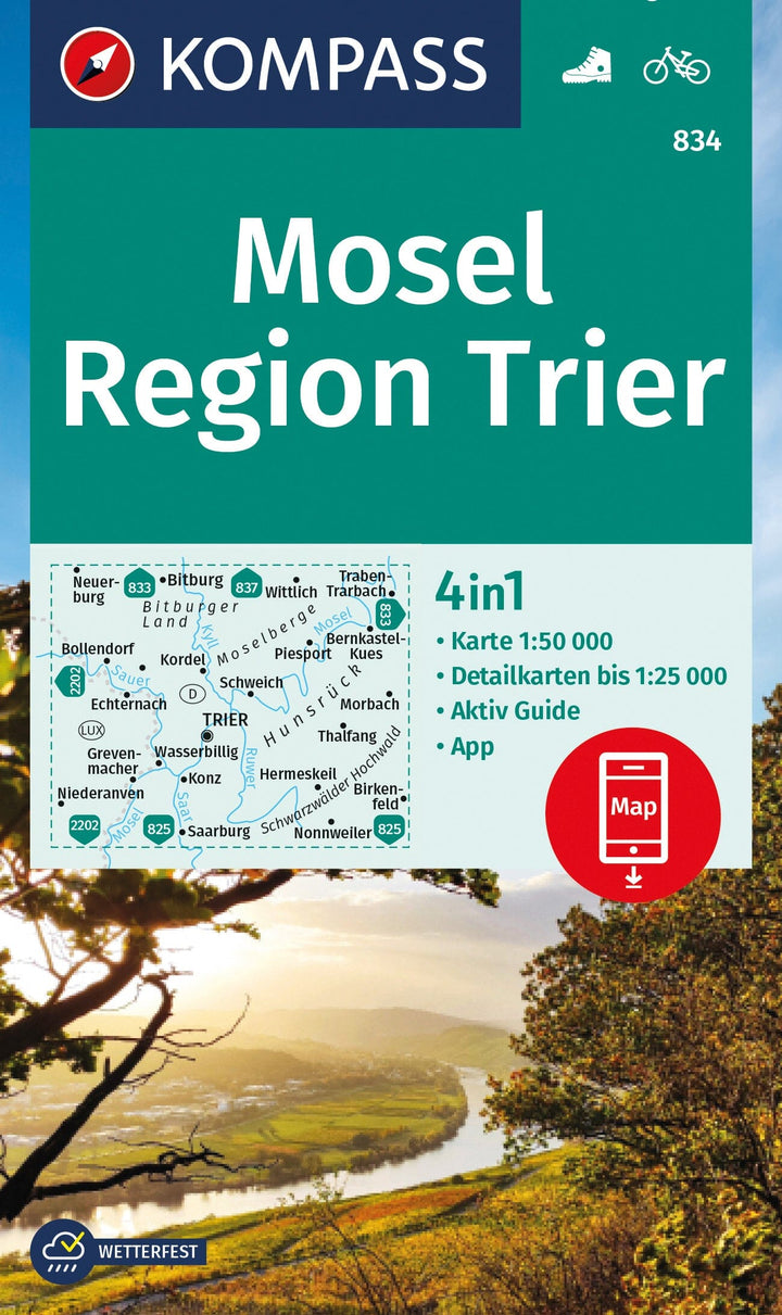 Carte de randonnée n° 834 - Mosel, Région de Trèves (Allemagne) | Kompass carte pliée Kompass 