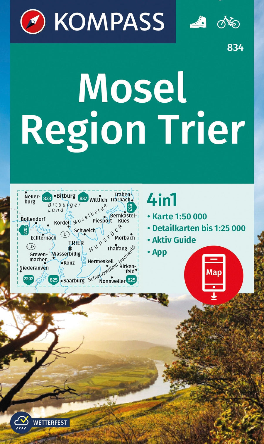 Carte de randonnée n° 834 - Mosel, Région de Trèves (Allemagne) | Kompass carte pliée Kompass 