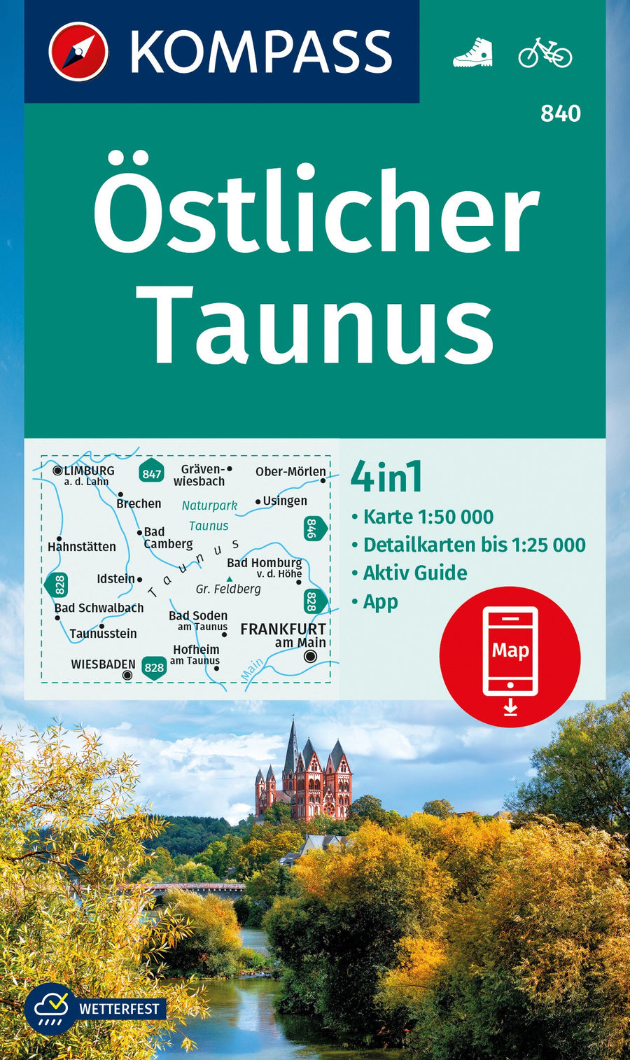 Carte de randonnée n° 840 - Taunus Östlicher (Allemagne) | Kompass carte pliée Kompass 