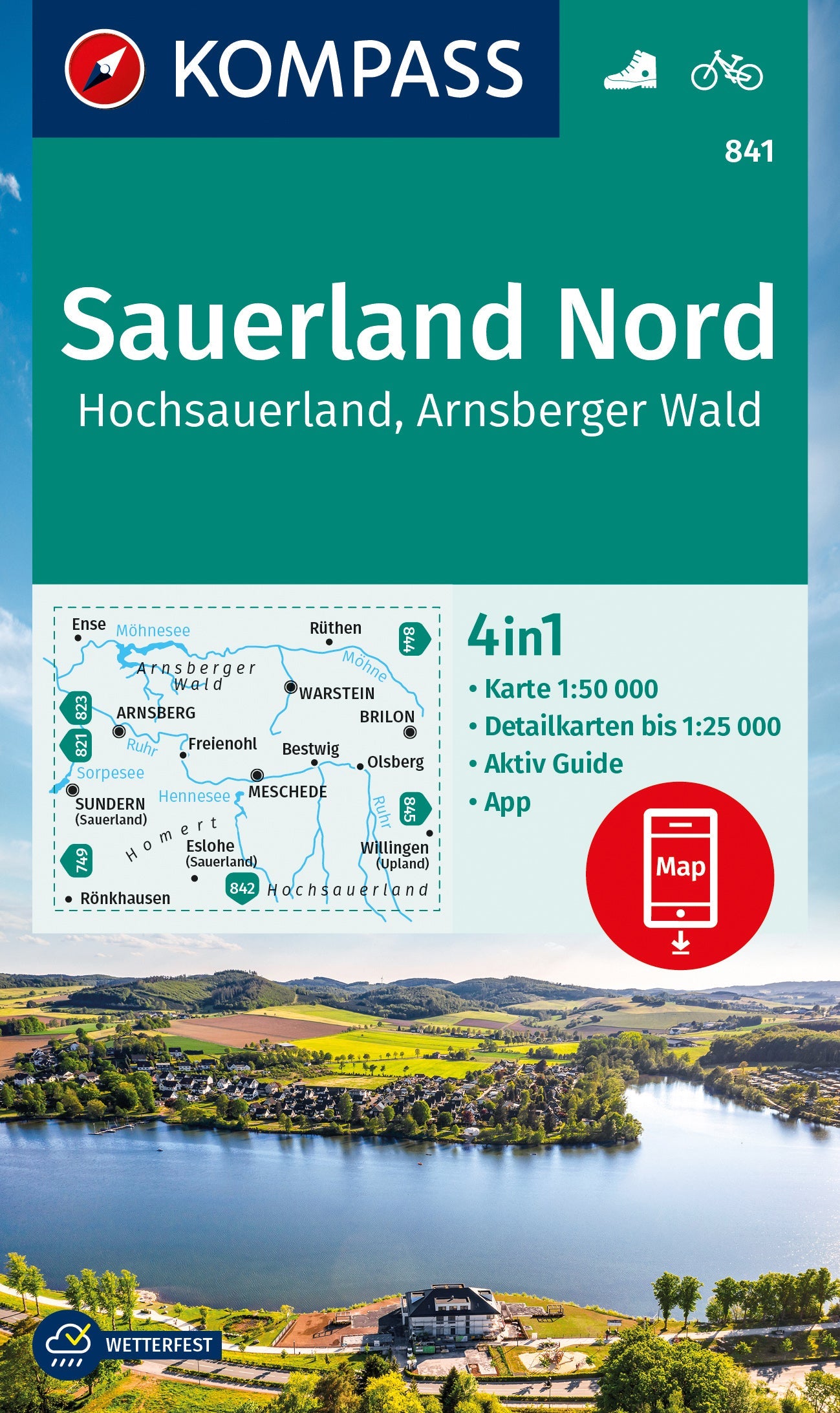 Carte de randonnée n° 841 - Sauerland 1 + Aktiv Guide (Allemagne) | Kompass carte de randonnée Kompass