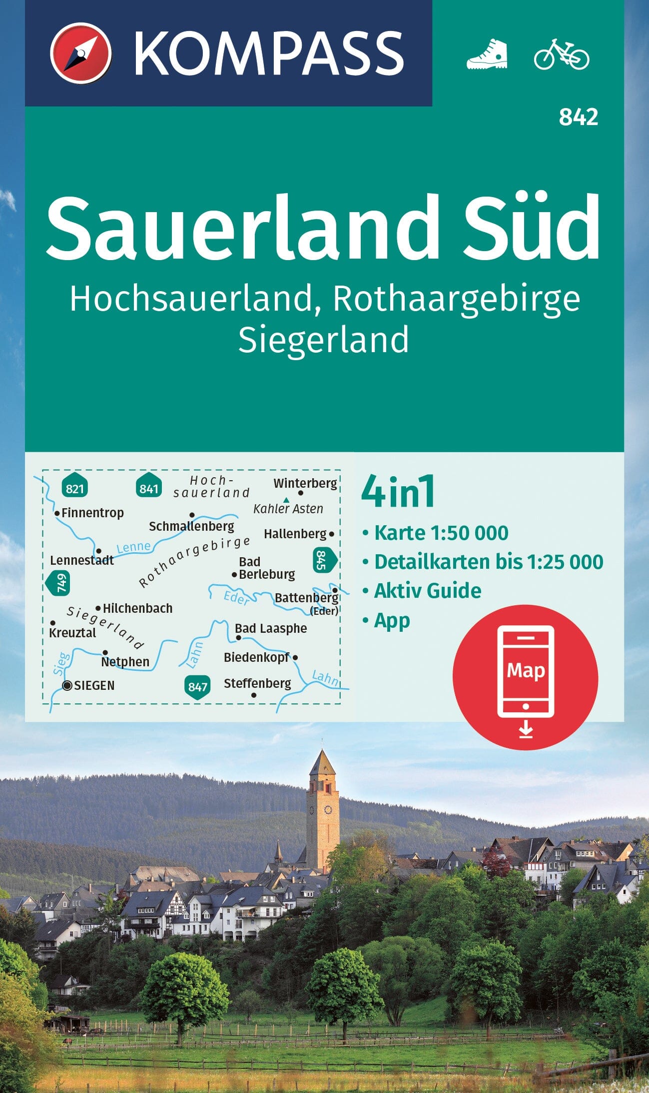 Carte de randonnée n° 842 - Sauerland 2 + Aktiv Guide (Allemagne) | Kompass carte de randonnée Kompass