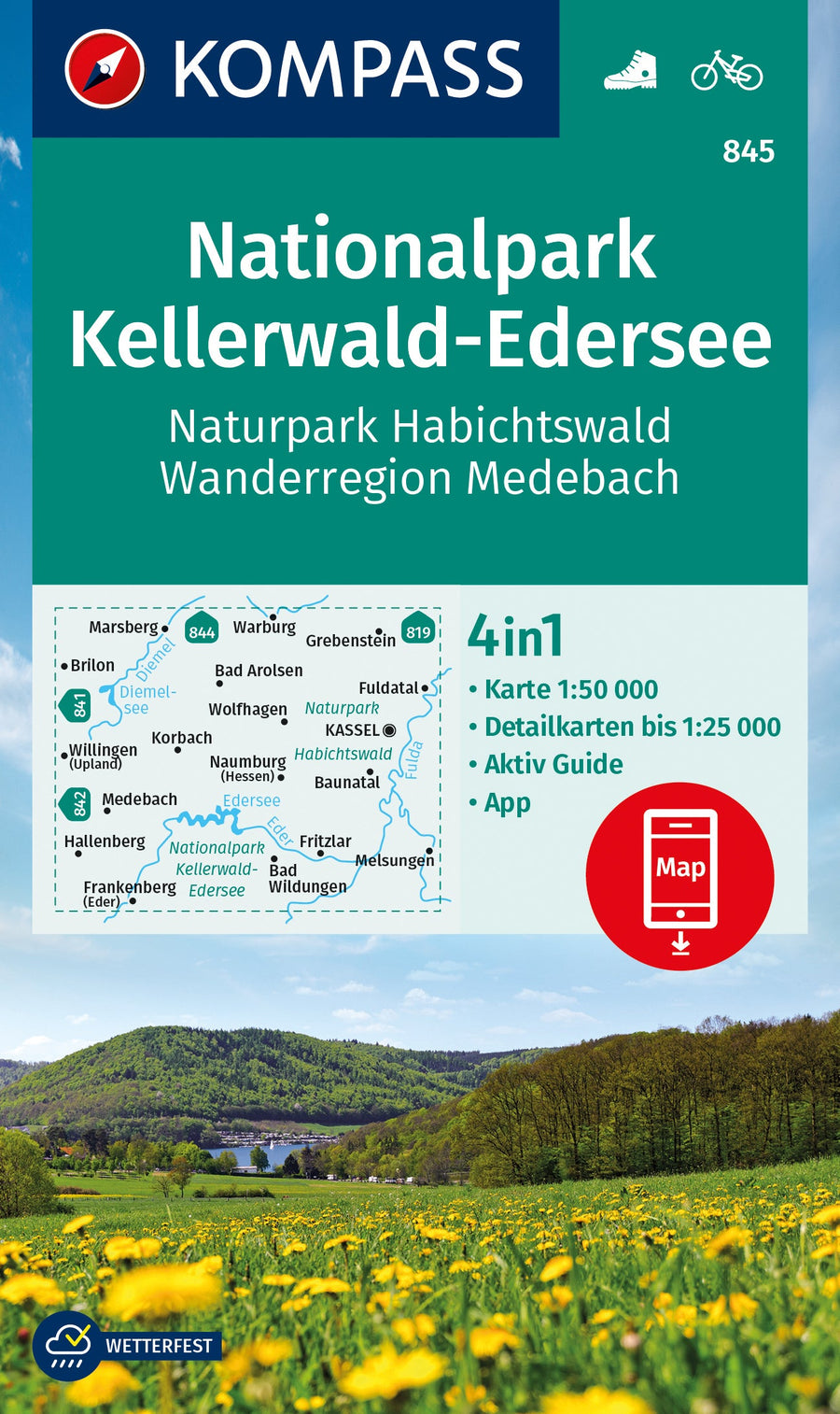 Carte de randonnée n° 845 - Kellerwald-Edersee National Park, Medebach (Allemagne) | Kompass carte pliée Kompass 