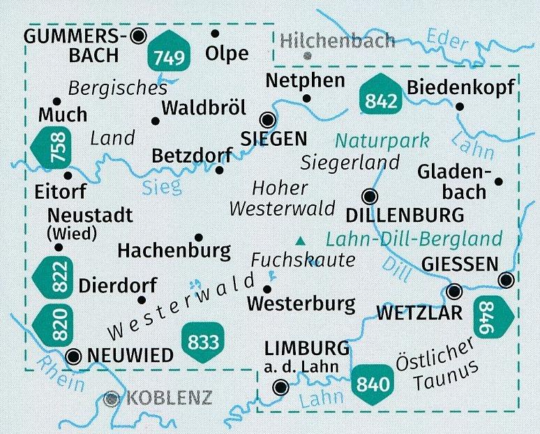 Carte de randonnée n° 847 - Westerwald, Siegen, Naturpark Lahn-Dill-Bergland (Allemagne) | Kompass carte pliée Kompass 