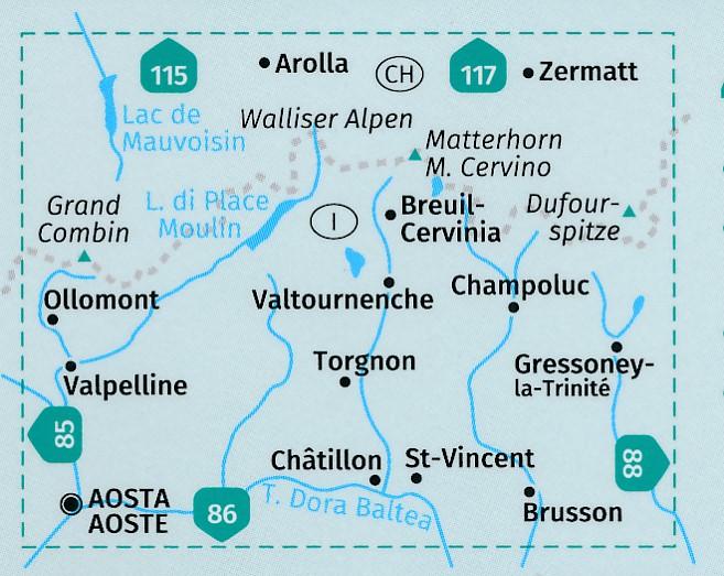 Carte de randonnée n° 87 - Breuil-Cervinia, Zermatt (Italie, Suisse) | Kompass carte de randonnée Kompass