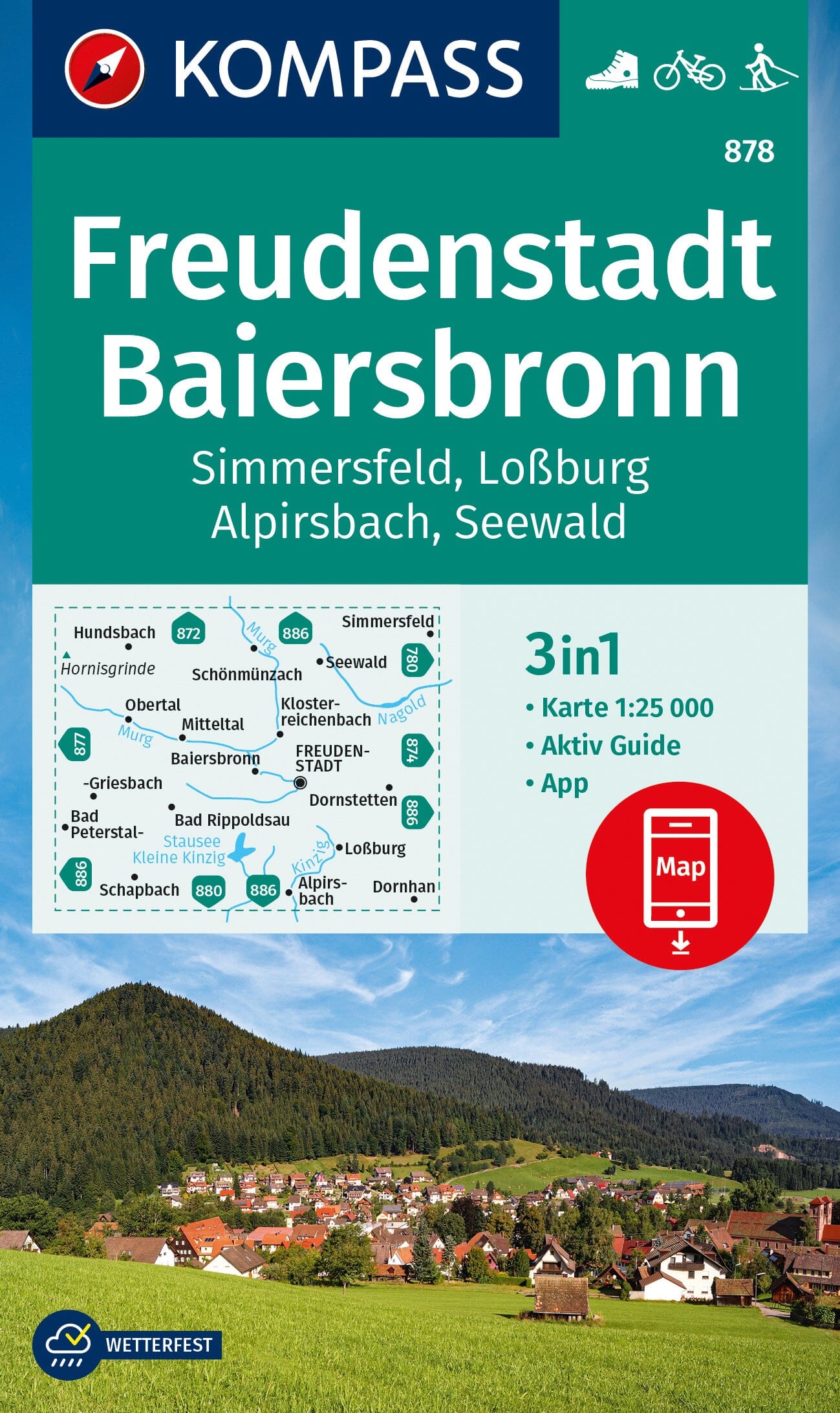 Carte de randonnée n° 878 - Freudenstadt, Baiersbronn, Simmersfeld, Lossburg, Alpirsbach (Allemagne) | Kompass carte de randonnée Kompass