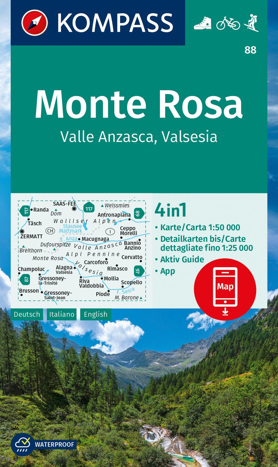 Carte de randonnée n° 88 - Monte Rosa + Aktiv Guide (Suisse) | Kompass carte pliée Kompass 