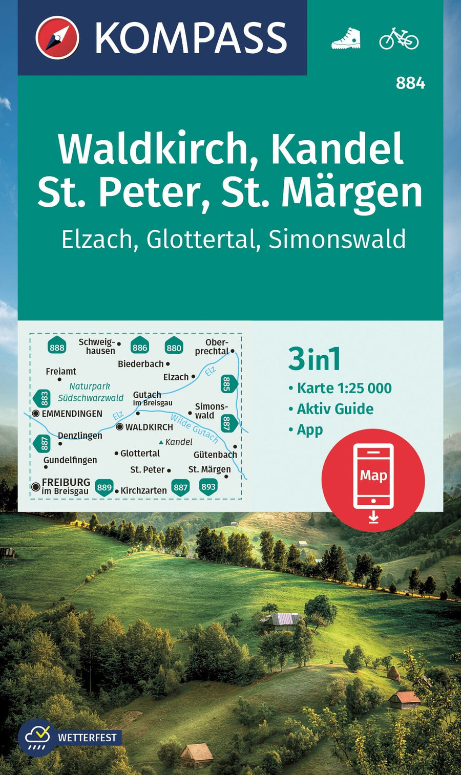 Carte de randonnée n° 884 - Waldkirch, Kandel, St.Peter, St.Märgen (Allemagne) | Kompass carte pliée Kompass 
