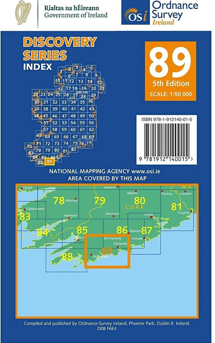 Carte de randonnée n° 89 - Cork (Skibbereen) (Irlande) | Ordnance Survey - série Discovery carte pliée Ordnance Survey Ireland 
