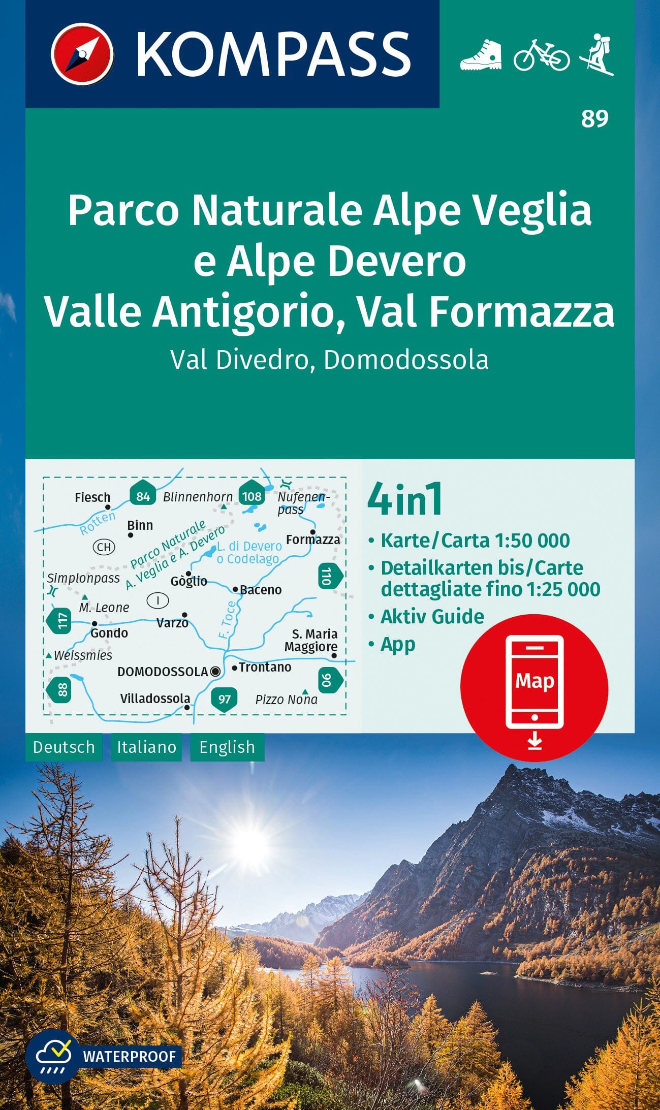 Carte de randonnée n° 89 - Parc naturel de l'Alpe Veglia-Alpe Devero, vallée d'Antigorio, Val Formazza, Val Divedro, Domodossola (Italie, Suisse) | Kompass carte de randonnée Kompass