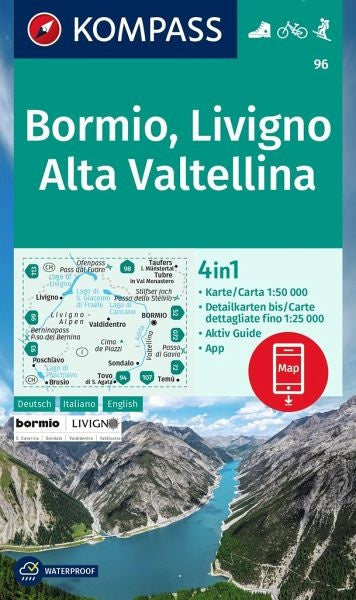 Carte de randonnée n° 96 - Bormio, Livigno, Valtelllina (Italie, Suisse) | Kompass carte de randonnée Kompass