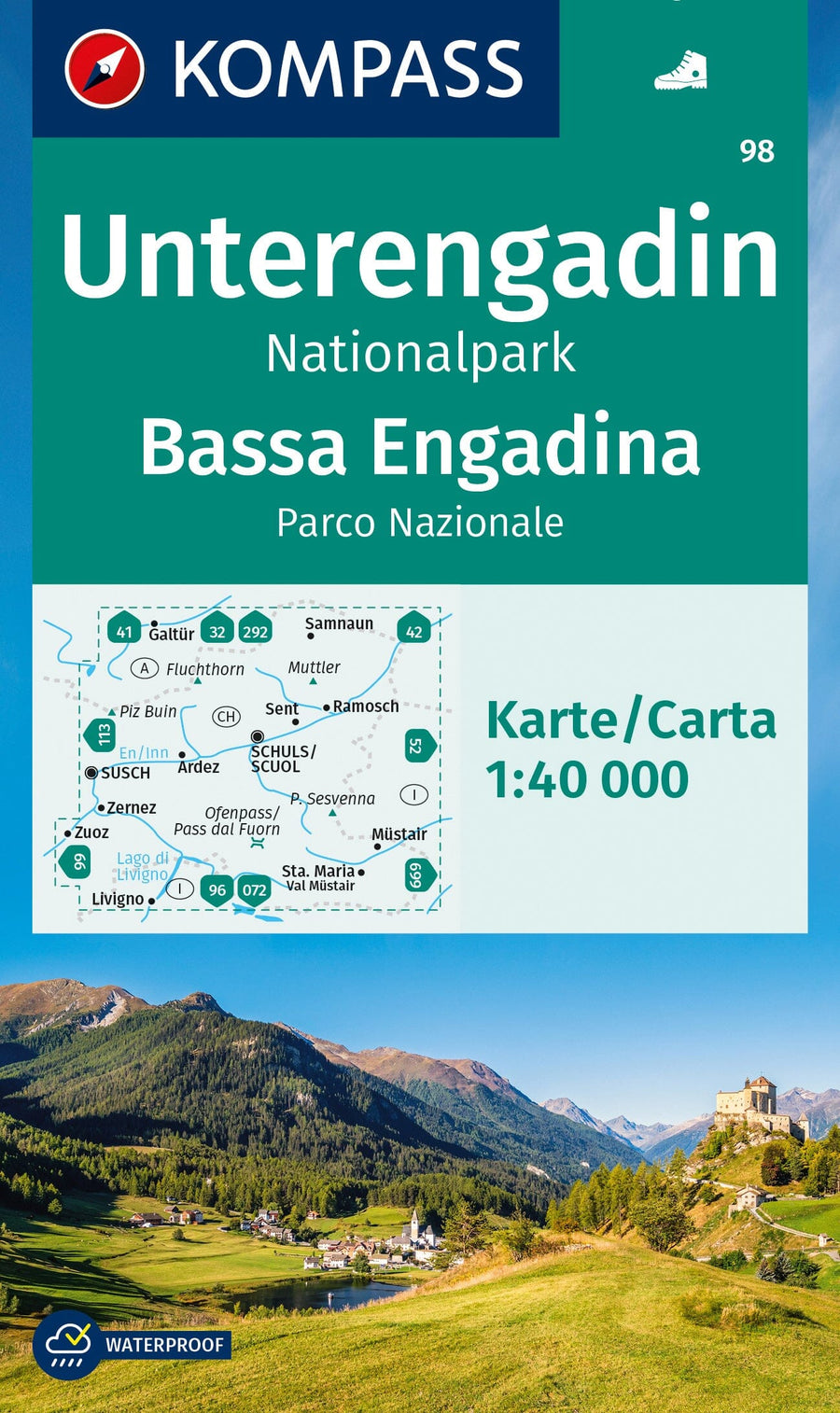 Carte de randonnée n° 98 - Unterengadin NP, Basse-Engadine (Suisse) | Kompass carte pliée Kompass 
