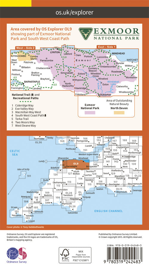 Carte de randonnée n° OL009 - Exmoor (Grande Bretagne) | Ordnance Survey - Explorer carte pliée Ordnance Survey 