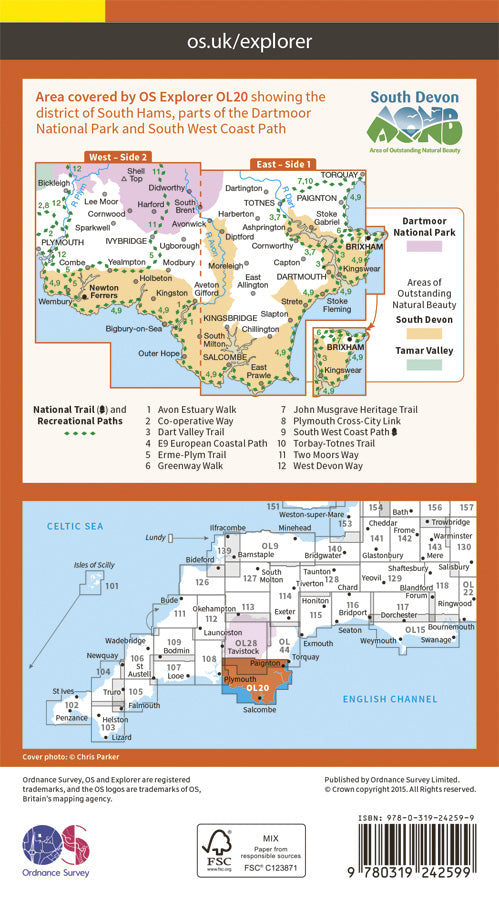 Carte de randonnée n° OL020 - South Devon (Grande Bretagne) | Ordnance Survey - Explorer carte pliée Ordnance Survey 
