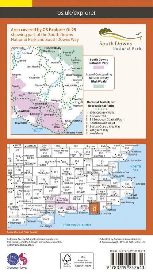 Carte de randonnée n° OL025 - Eastbourne, Beachy Head (Grande Bretagne) | Ordnance Survey - Explorer carte pliée Ordnance Survey 