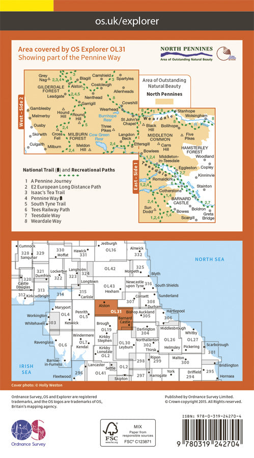 Carte de randonnée n° OL031 - North Pennines, Teesdale, Weardale (Grande Bretagne) | Ordnance Survey - Explorer carte de randonnée Ordnance Survey