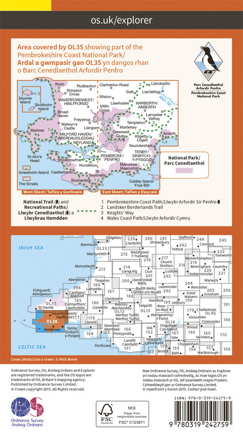 Carte de randonnée n° OL036 - Pembrokeshire South, De Sir Benfro (Grande Bretagne) | Ordnance Survey - Explorer carte pliée Ordnance Survey 