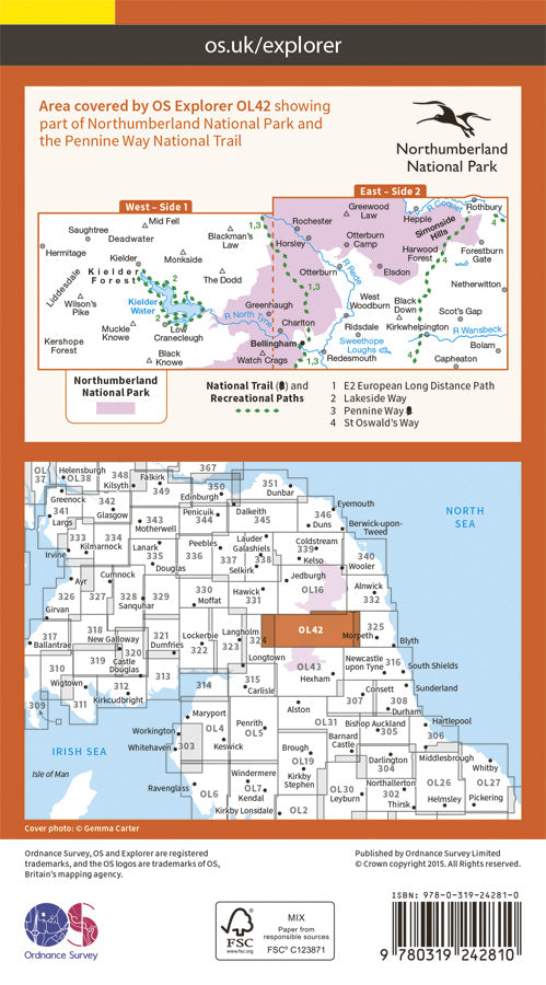 Carte de randonnée n° OL042 - Kielder Water, Forest, Bellingham, Simonside Hills (Grande Bretagne) | Ordnance Survey - Explorer carte de randonnée Ordnance Survey