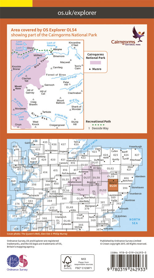 Carte de randonnée n° OL054 - Glen Esk, Glen Tanar, Aboyne (Ecosse) | Ordnance Survey - Explorer carte de randonnée Ordnance Survey