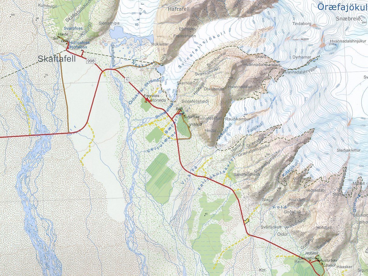 Carte détaillée - Parc National de Skaftafell (Islande) | Ferdakort carte routière Ferdakort