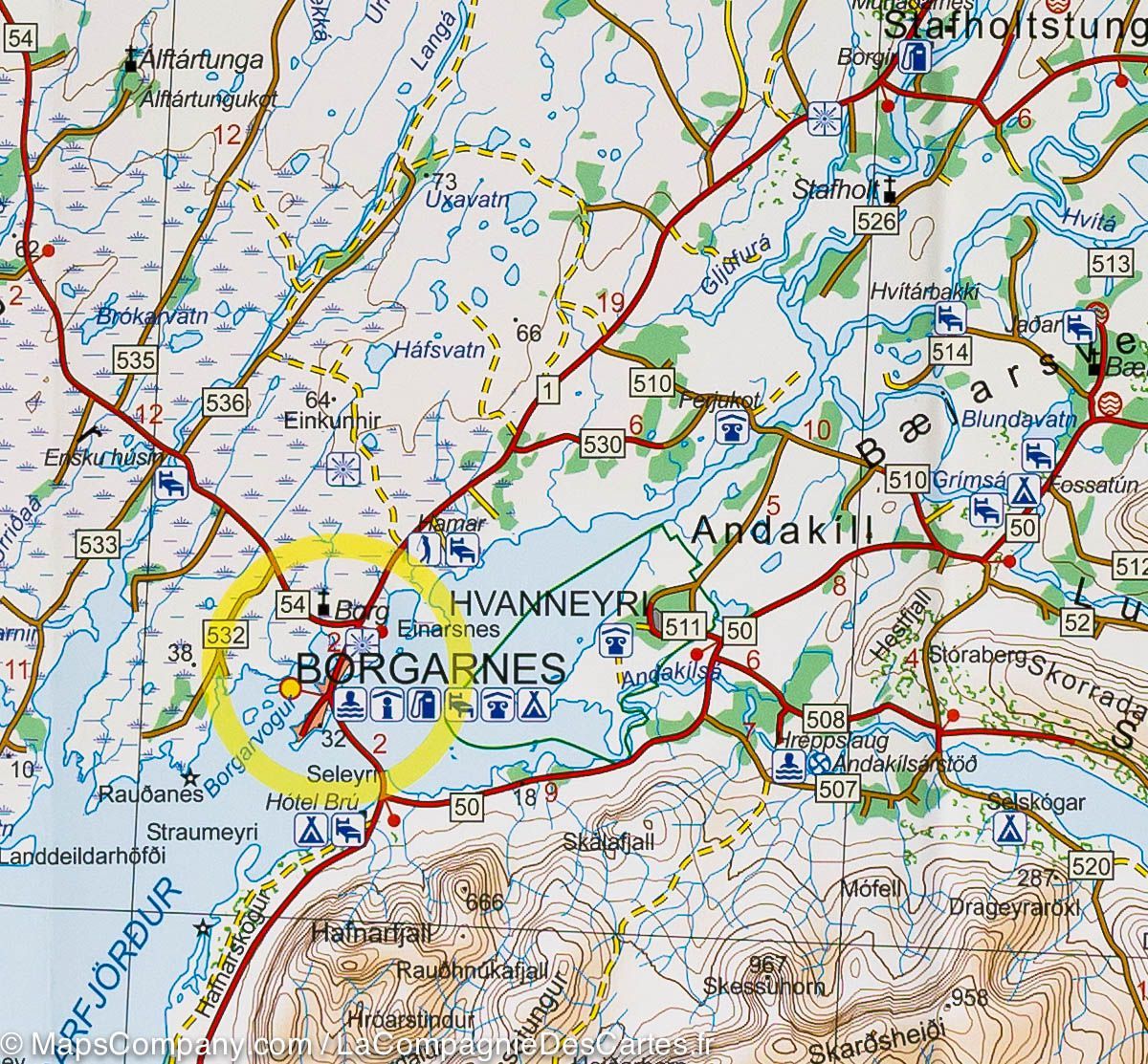 Carte détaillée - Péninsule de Snaefellsnes & fjord Borgarfjördur (Islande) | Ferdakort carte routière Ferdakort