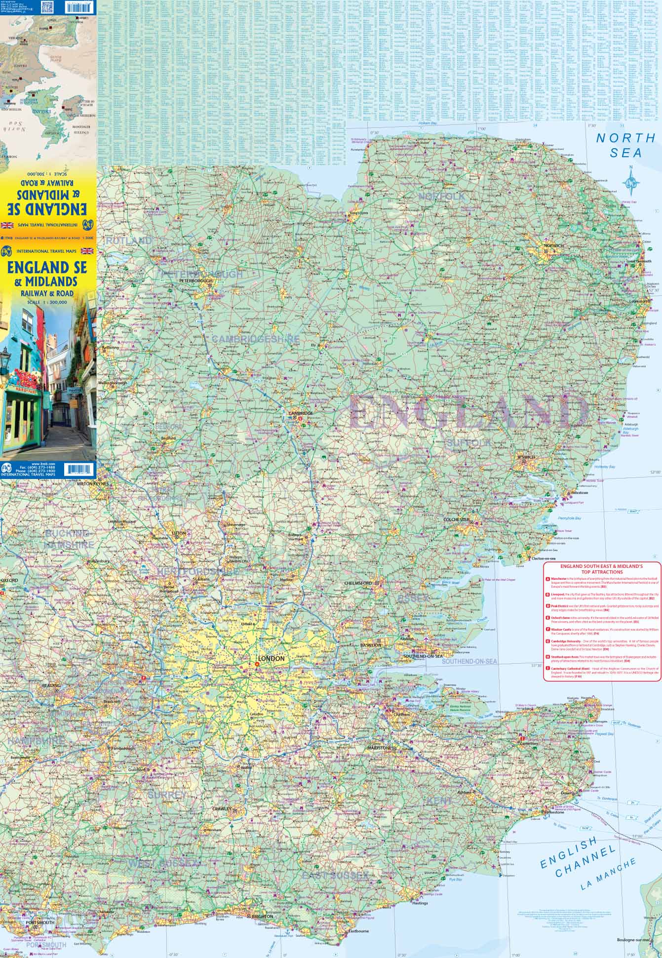 Carte de voyage - Angleterre Sud-est & Midlands (routes et chemins de fer) | ITM carte routière ITM