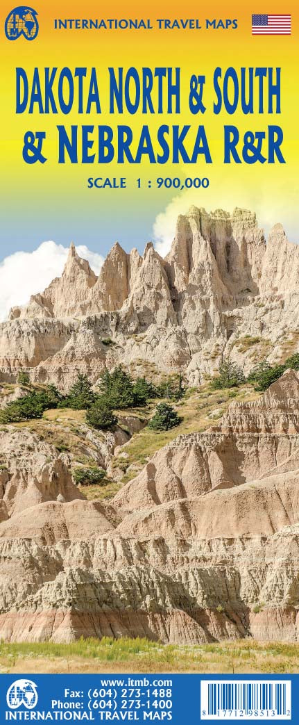 Carte de voyage - Dakota du Nord, Dakota du Sud & Nebraska (routes et chemins de fer) | ITM carte routière ITM